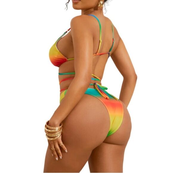 Fashion Nova Kataleya Strappy 2 Piece Vibrant Multicolor Strappy Swimsuit - Picture 3 of 3